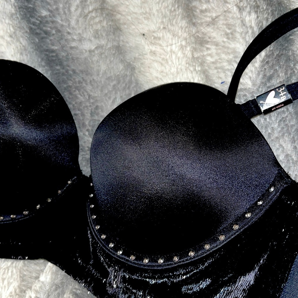34B Very Sexy Multi-Way Black Satin w Rhinestone Push Up Bra